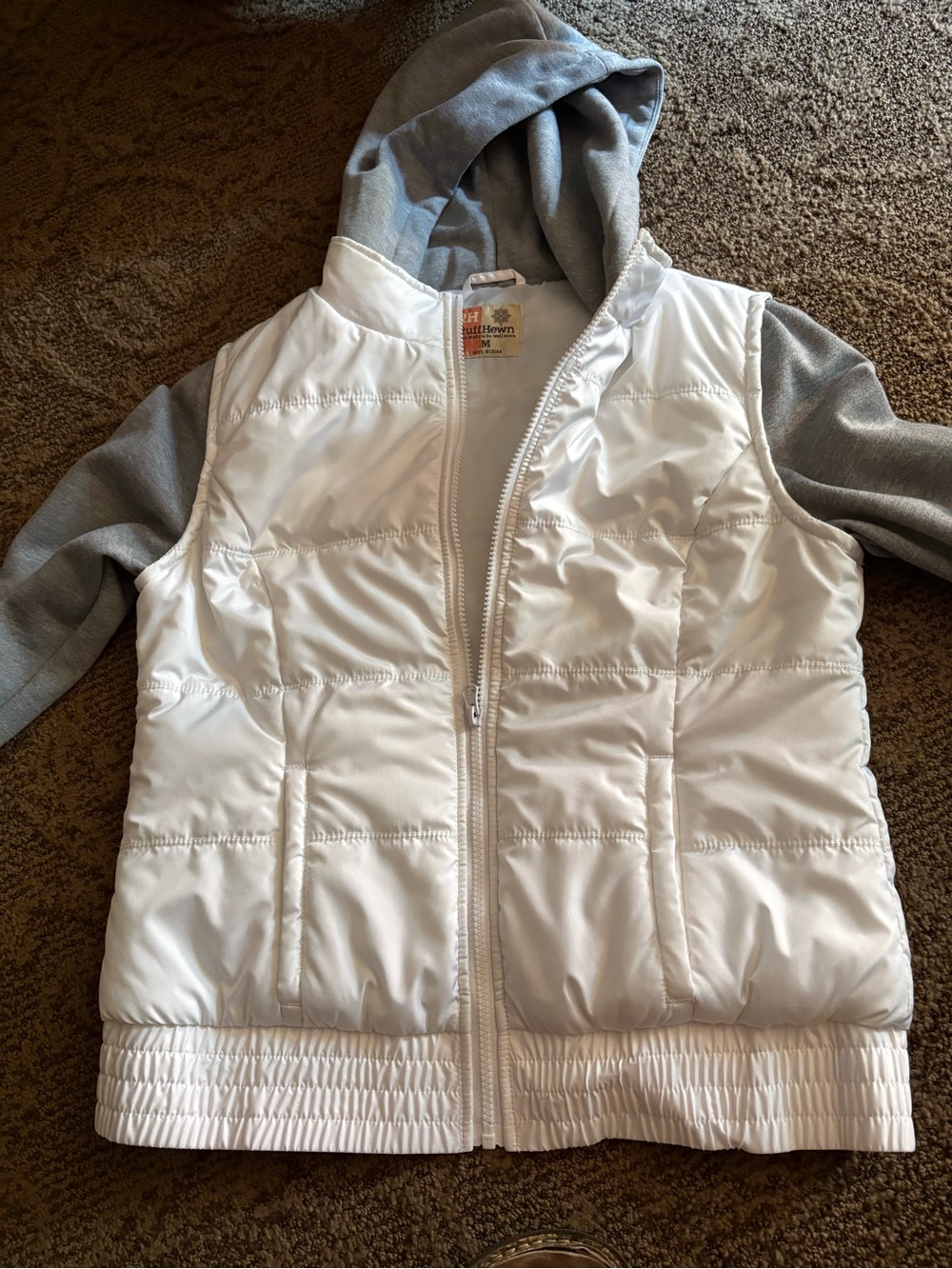 Ruff Hewn White Puffer Vest with Gray Hoodie Sleeves